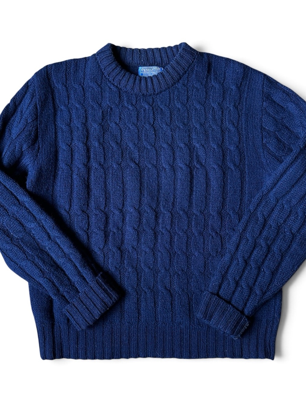 Vintage Pendleton Men's Medium Cable Knit Crewneck Wool Sweater Navy Blue